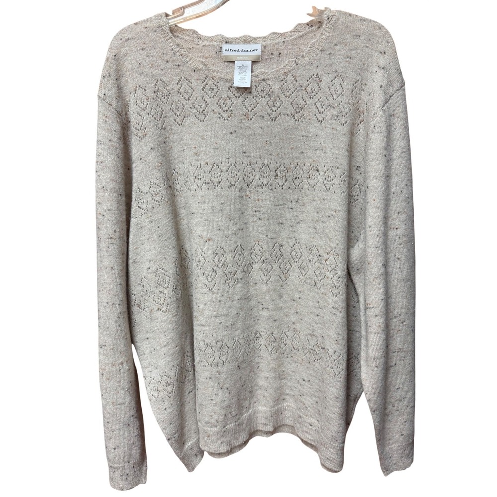 Alfred Dunner 3X Speckled Knit Diamond Lace Sweater Long‎ Sleeve Cottagecore